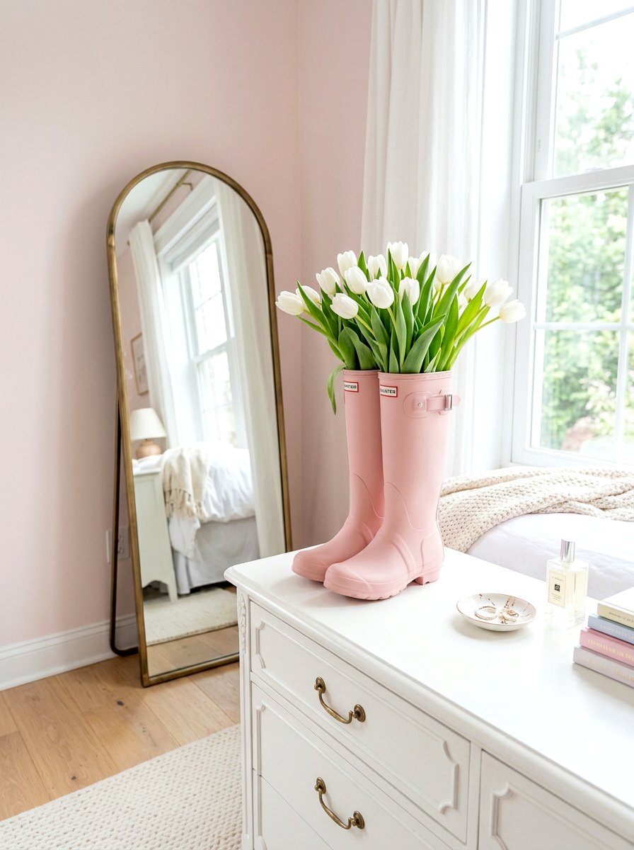 Pink boots with white tulips - 25 Spring Rain Boot Decor Ideas
