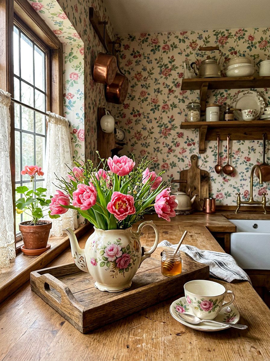 Pink parrot tulips in porcelain teapot - 25 Spring Tulip Bulb Vase Ideas