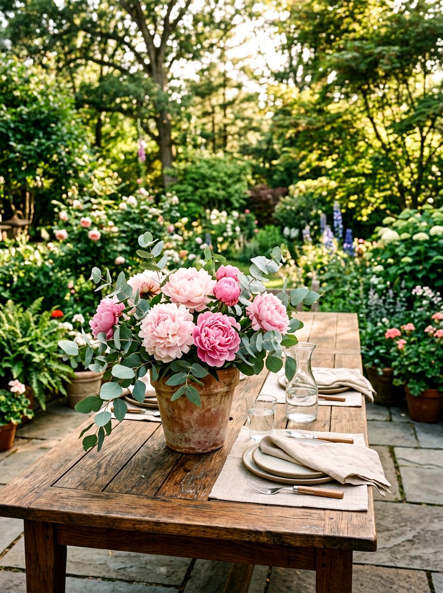 Pink peony and eucalyptus - 25 Spring Peony Centerpiece Ideas