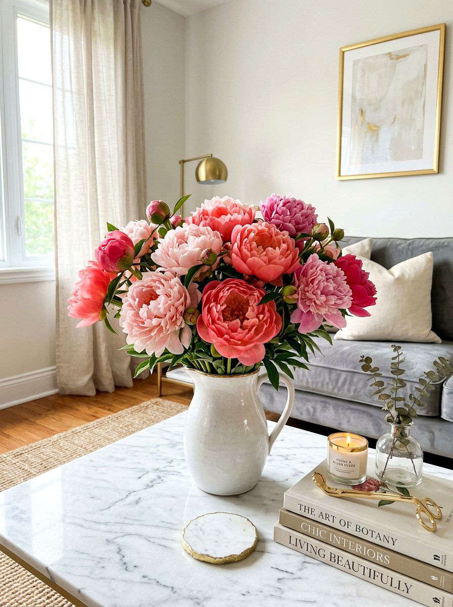 Pink peony bouquet - 25 Spring Faux Flower Arrangement Ideas