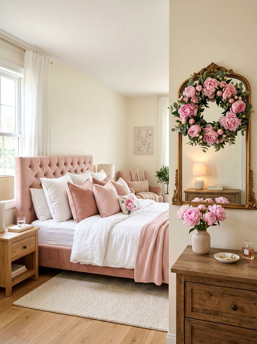 Pink peony wreath on bedroom mirror - 25 Spring Wreath on Mirror Ideas