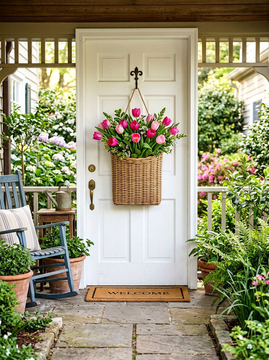 Pink tulip door basket - 25 Spring Hanging Basket Door Ideas