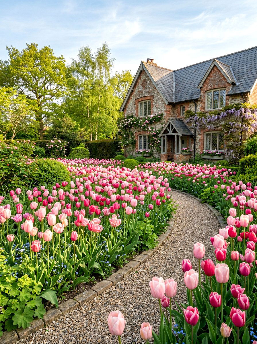 Pink tulip flower bed - 25 Spring Tulip Garden Ideas
