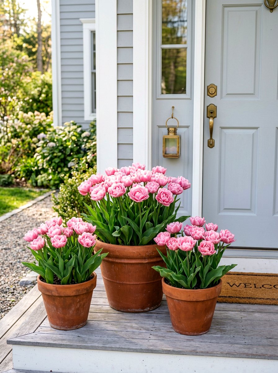 Pink tulip porch planters - 25 Spring Porch Flower Pot Ideas
