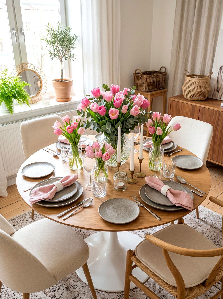 Pink tulip table display - 25 Spring Brunch Decor Ideas