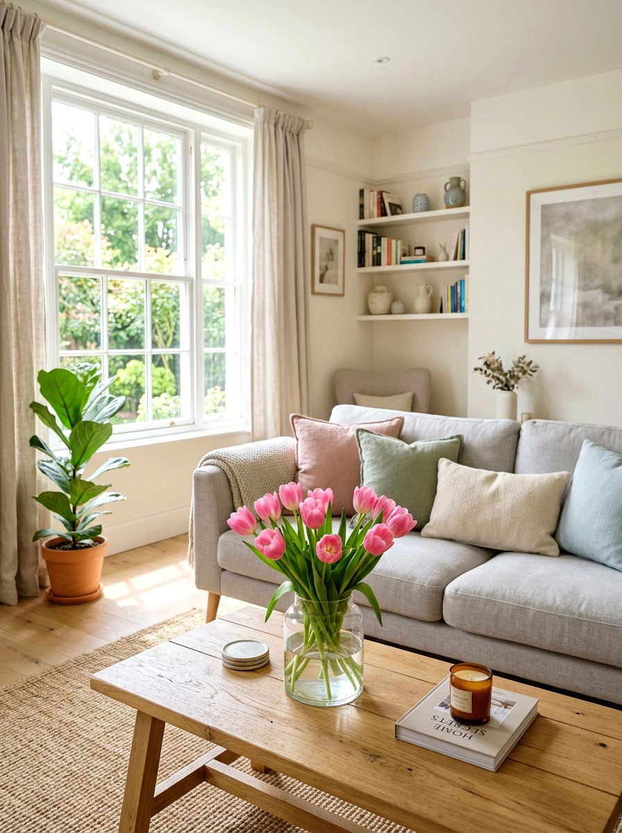 Pink tulips glass vase - 25 Spring Coffee Table Styling Ideas