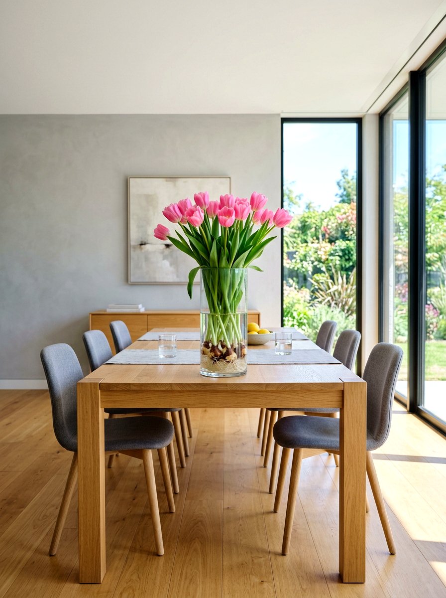 Pink tulips in tall glass cylinder - 25 Spring Tulip Bulb Vase Ideas