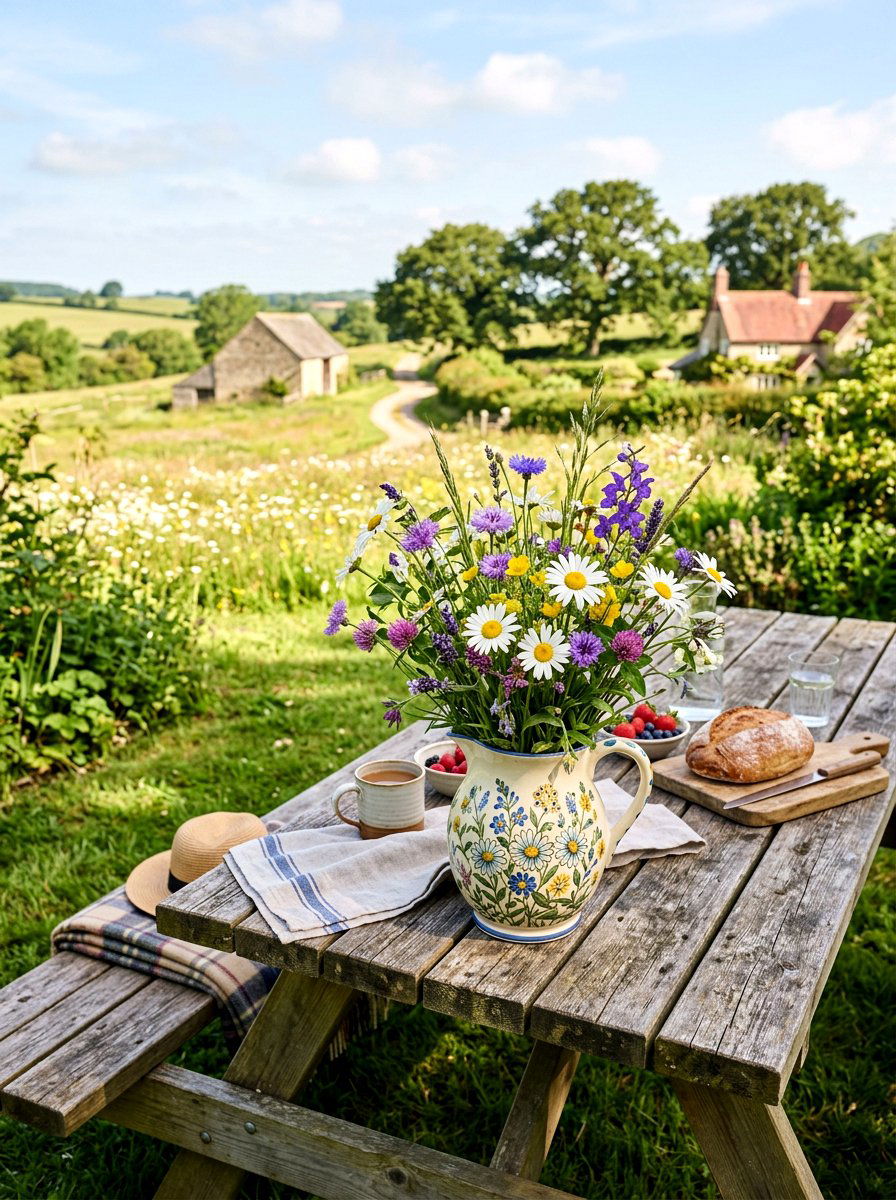 Pitcher with wildflowers - 25 Spring Porch Table Decor Ideas