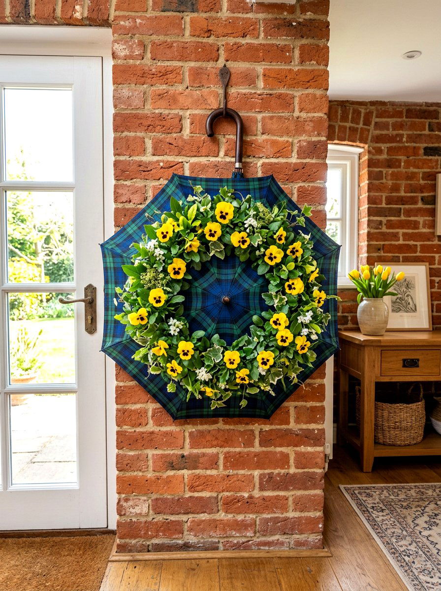 Plaid Umbrella Flower Wreath - 25 Spring Umbrella Wreath Ideas