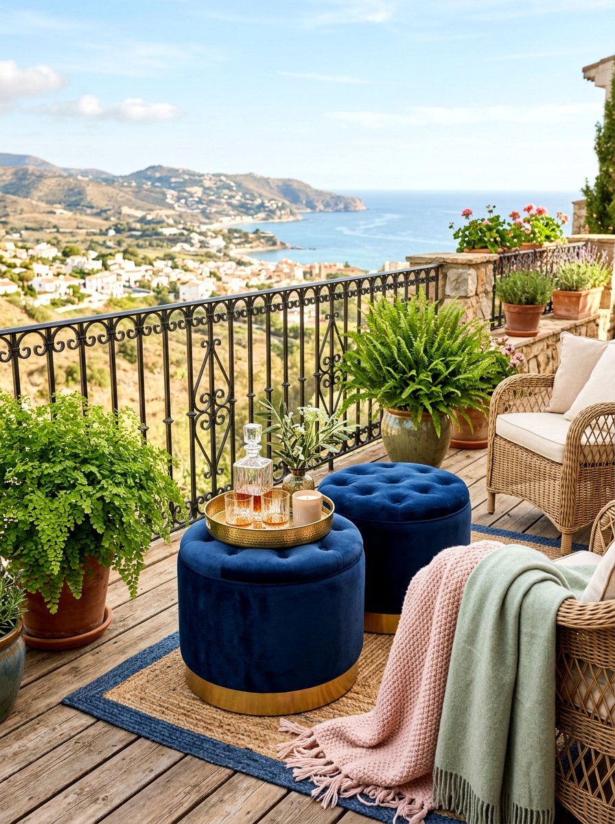 Plush Velvet Ottoman - 25 Spring Balcony Seating Decor Ideas