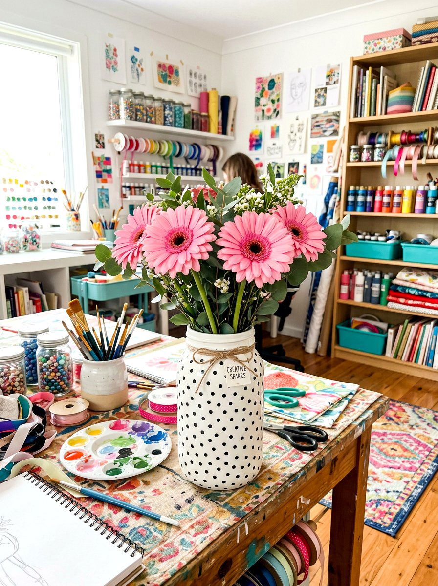 Polka Dot Mason Jar With Gerbera Daisies - 25 Spring Mason Jar Flower Ideas