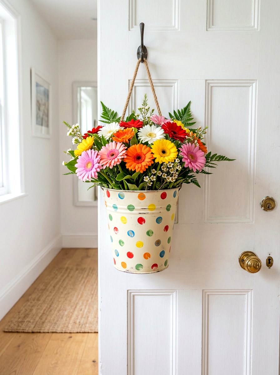 Polka dot painted flower bucket - 25 Spring Flower Bucket Door Ideas
