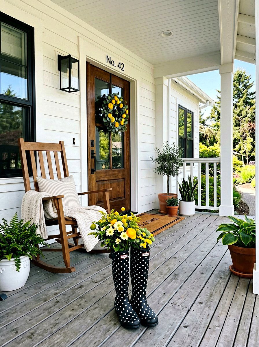 Polka dot rain boot porch decor - 25 Spring Rain Boot Decor Ideas