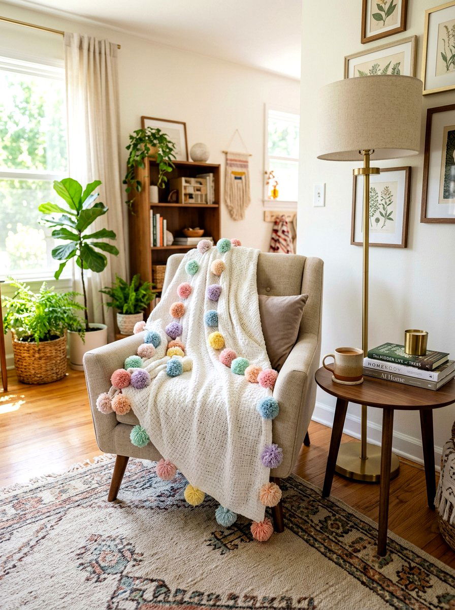 Pom Pom Blanket - 25 Spring DIY Home Decor Ideas