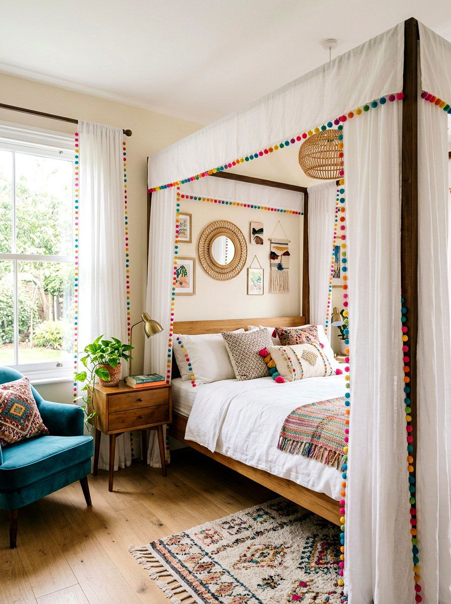 Pom Pom Drape - 25 Spring Canopy Bed Decor Ideas