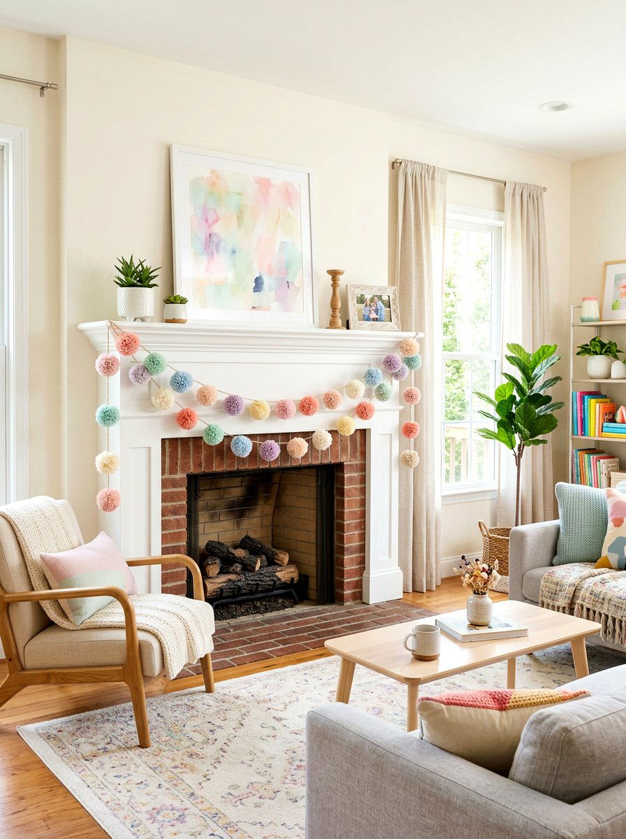Pom Pom Garland - 25 Spring Mantel Garland Ideas