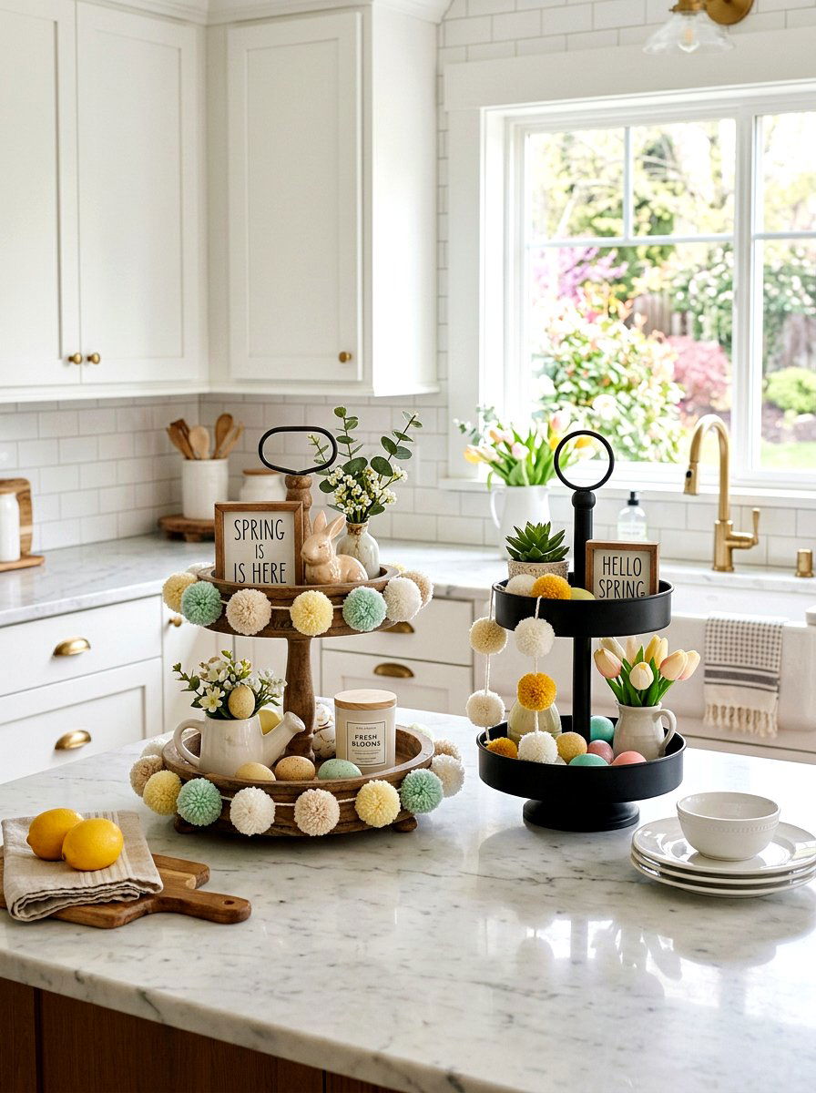 Pom Pom Tiered Tray - 25 Spring Pom Pom Decor Ideas