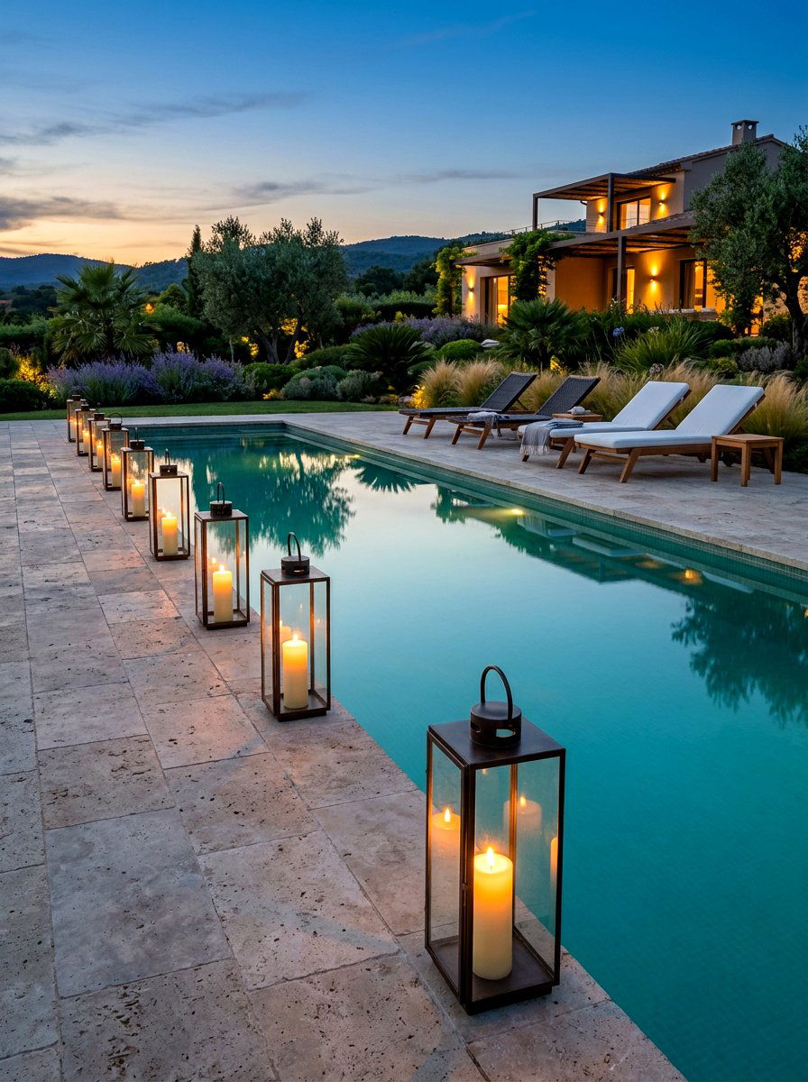 Poolside candle arrangement - 25 Spring Outdoor Candle Ideas
