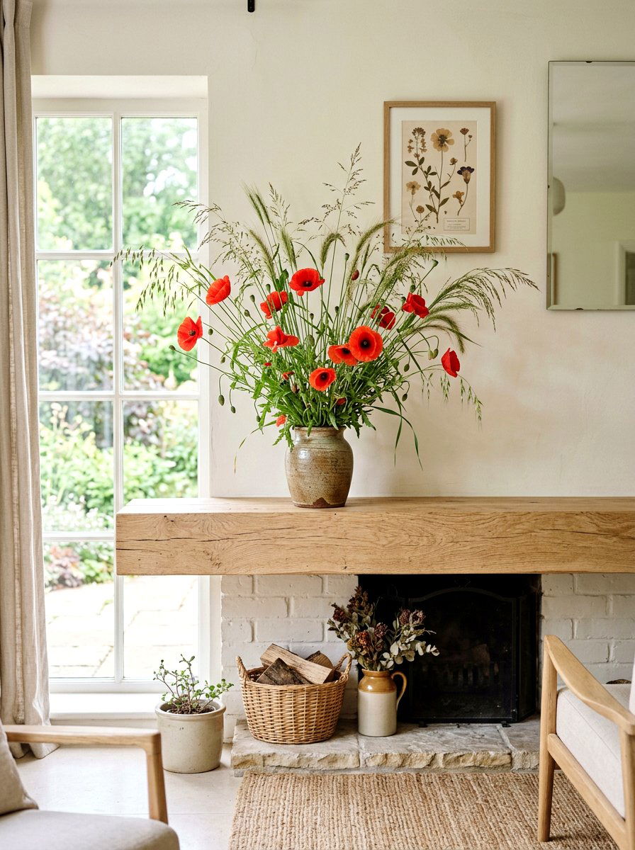 Poppy Wild Grass Arrangement - 25 Spring Mantel Floral Ideas