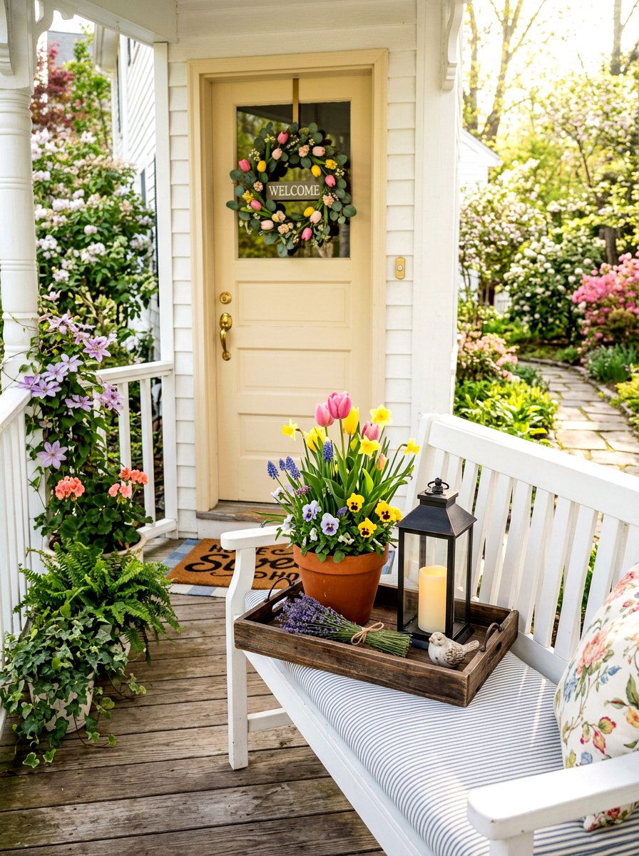 Porch Bench Spring Tray - 25 Spring Wooden Tray Decor Ideas