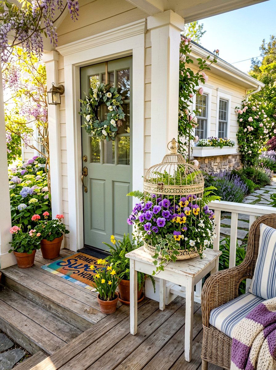 Porch Birdcage With Spring Flowers - 25 Spring Birdcage Decor Ideas