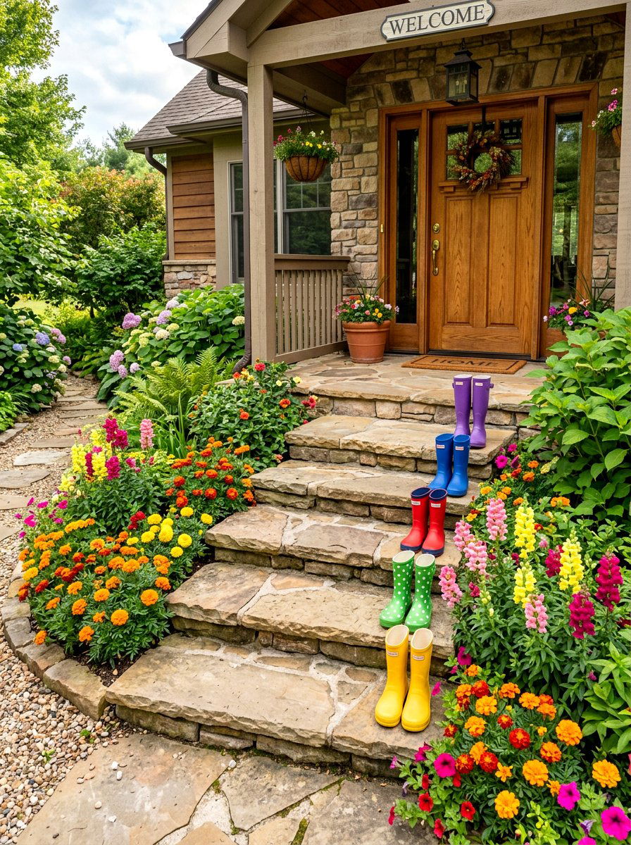 Porch Step Boot Arrangement - 25 Spring Rubber Boot Planter Ideas