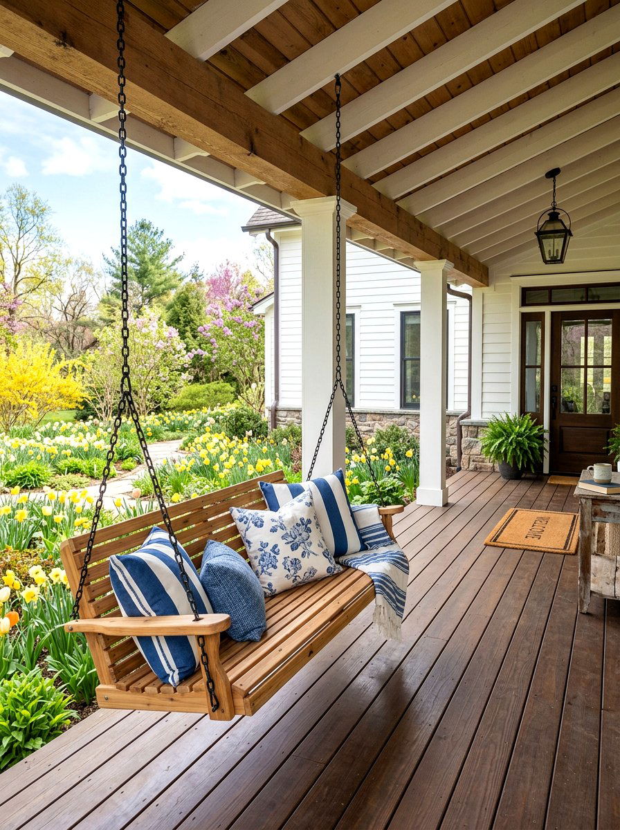 Porch Swing - 25 Spring Wooden Garden Decor Ideas