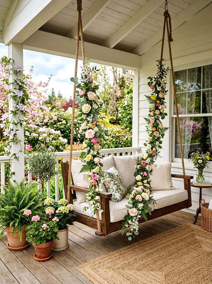 Porch Swing Flower Decoration - 25 Spring Floral Garland Ideas