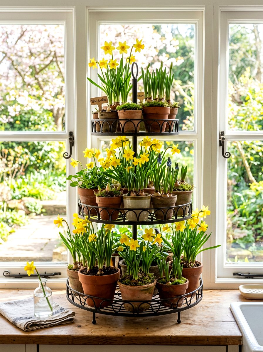 Potted Bulbs And Daffodils - 25 Spring Cake Stand Decor Ideas