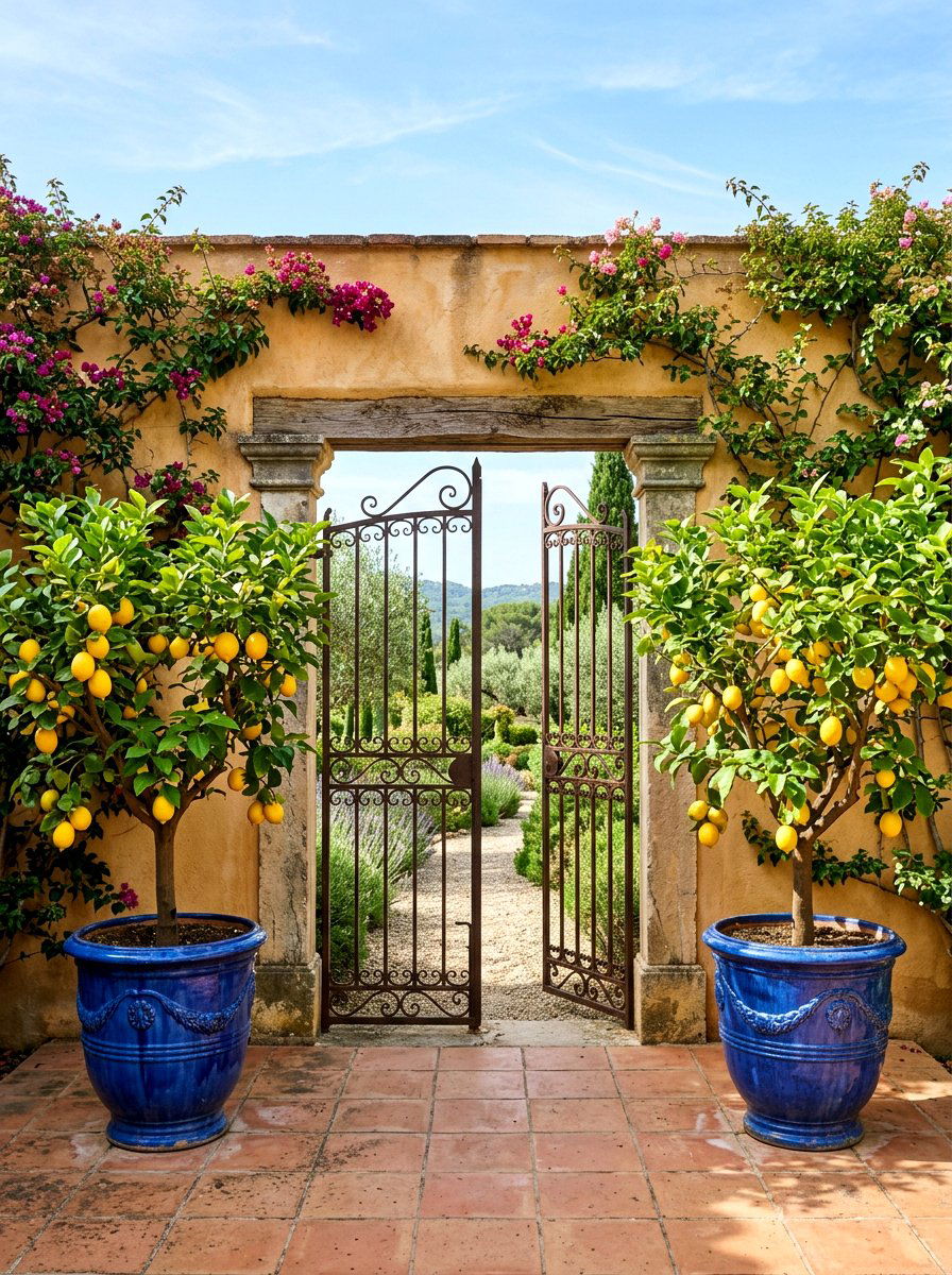 Potted Citrus Trees Near Gate - 25 Spring Front Gate Decor Ideas