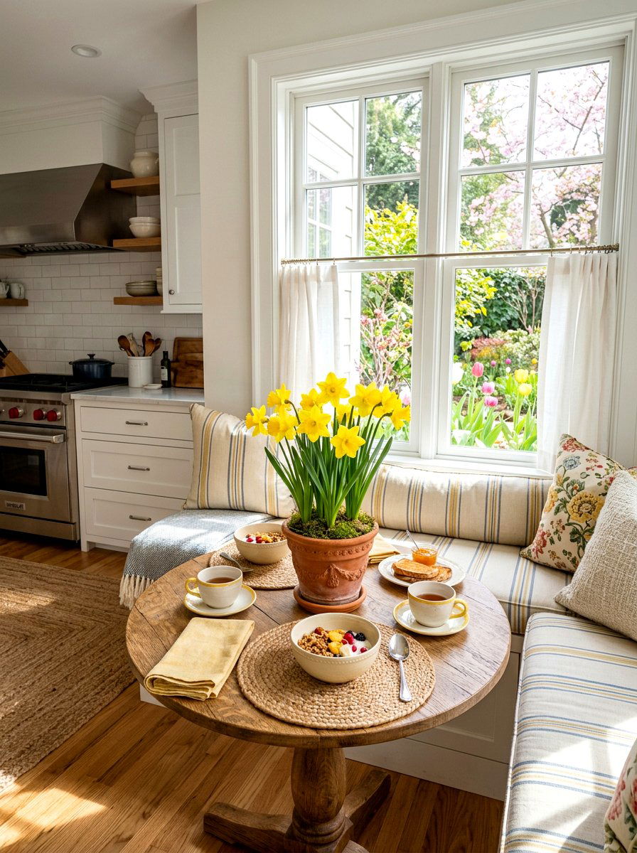 Potted Daffodil Breakfast Nook - 25 Spring Floral Centerpiece Ideas