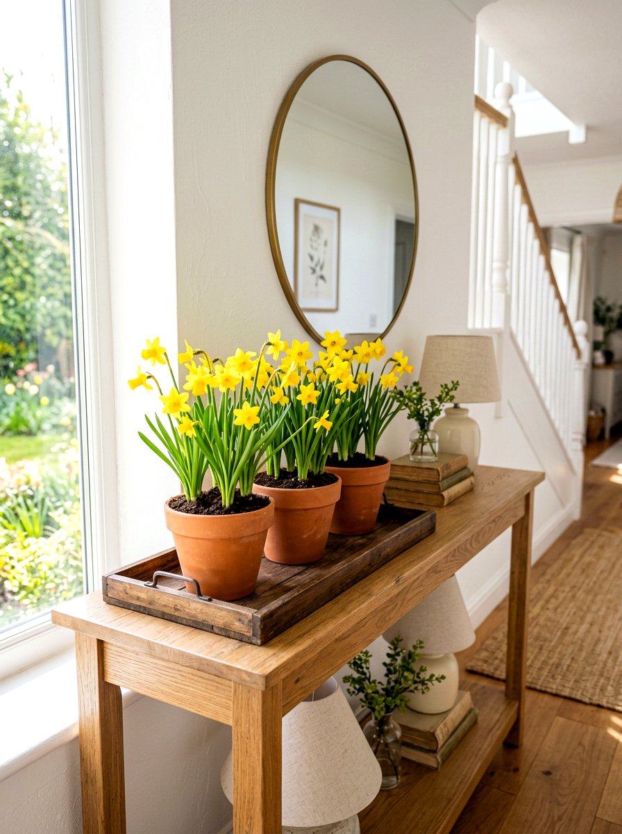 Potted Daffodils - 25 Spring Console Table Decor Ideas