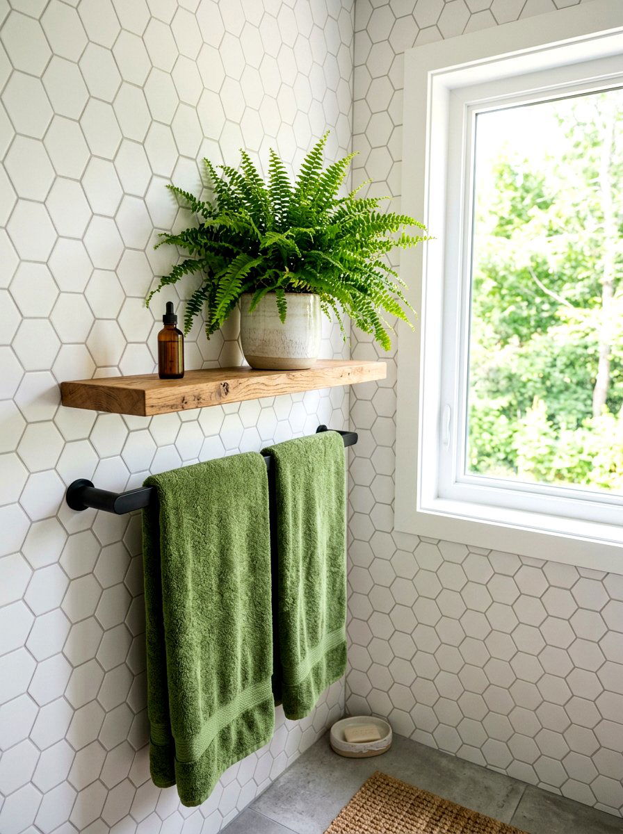 Potted Fern Bathroom Shelf - 25 Spring Towel Rack Decor Ideas