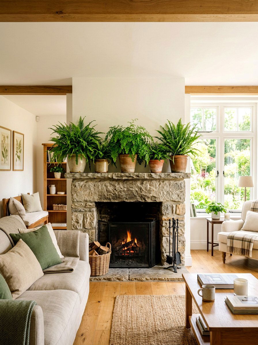 Potted Fern Display - 25 Spring Living Room Mantel Ideas