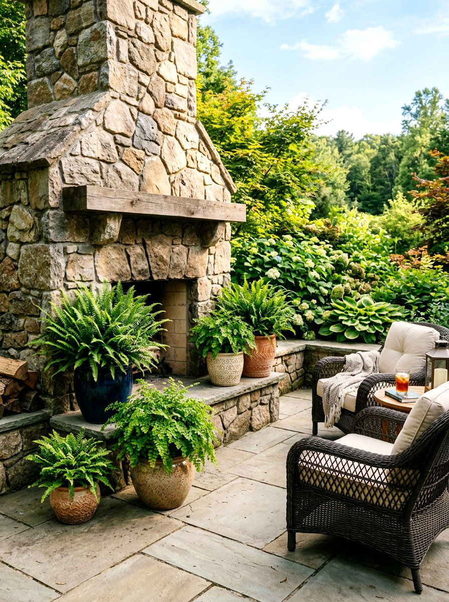 Potted Ferns Patio Fireplace - 25 Spring Outdoor Fireplace Decor Ideas