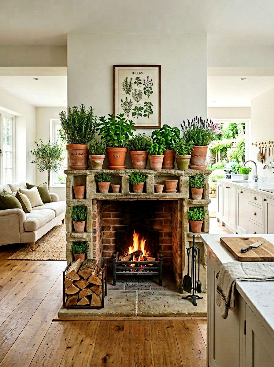 Potted Herb Fireplace Surround - 25 Spring Mantel Floral Ideas