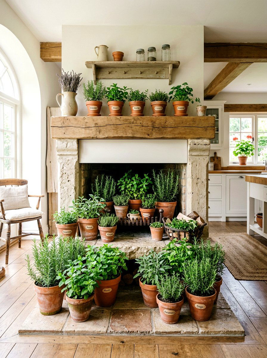 Potted Herb Fireplace - 25 Spring Farmhouse Fireplace Ideas