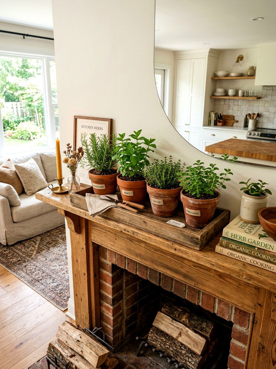 Potted Herb Mantel Display - 25 Spring Rustic Mantel Ideas