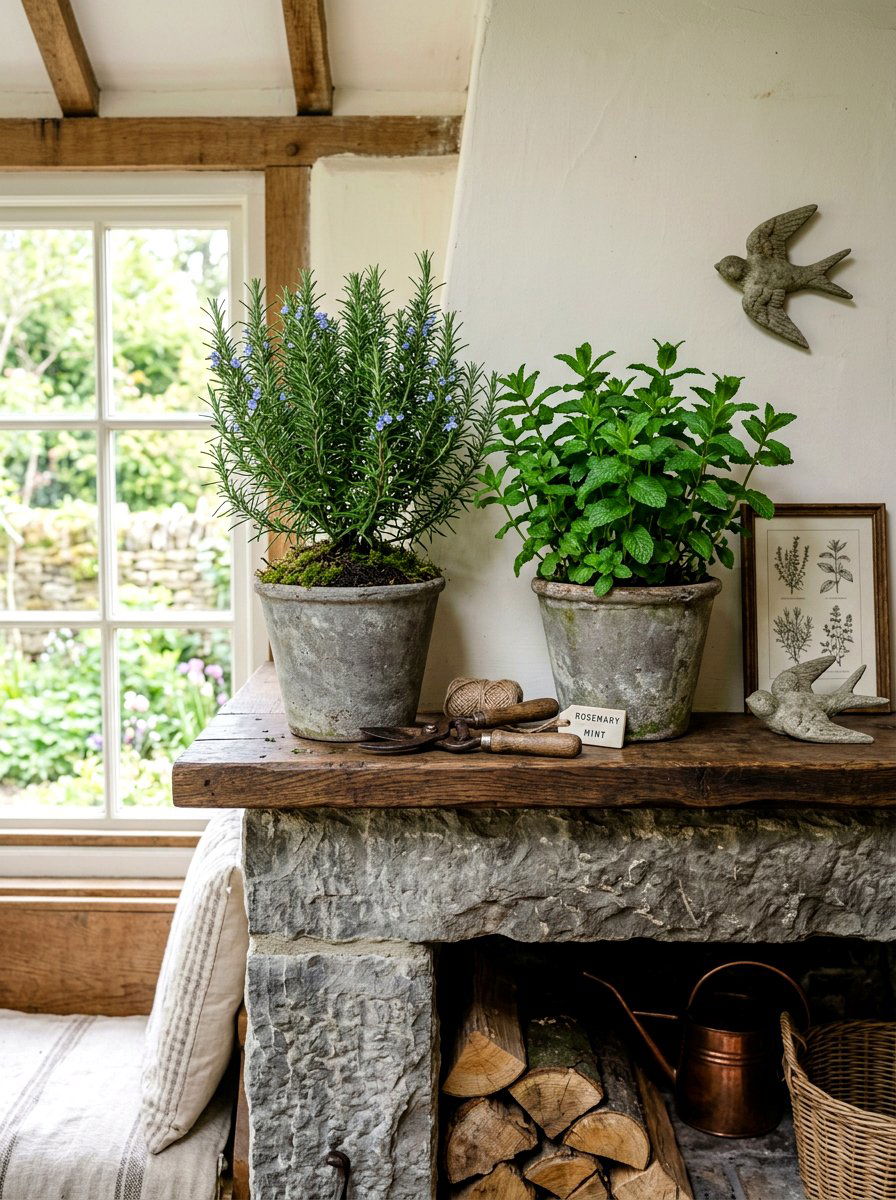 Potted Herb Mantel - 25 Spring Cottage Mantel Ideas
