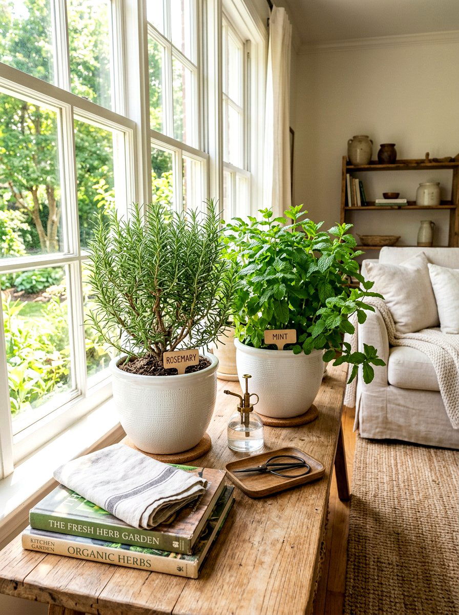 Potted Herb Sofa Table Display - 25 Spring Sofa Table Decor Ideas