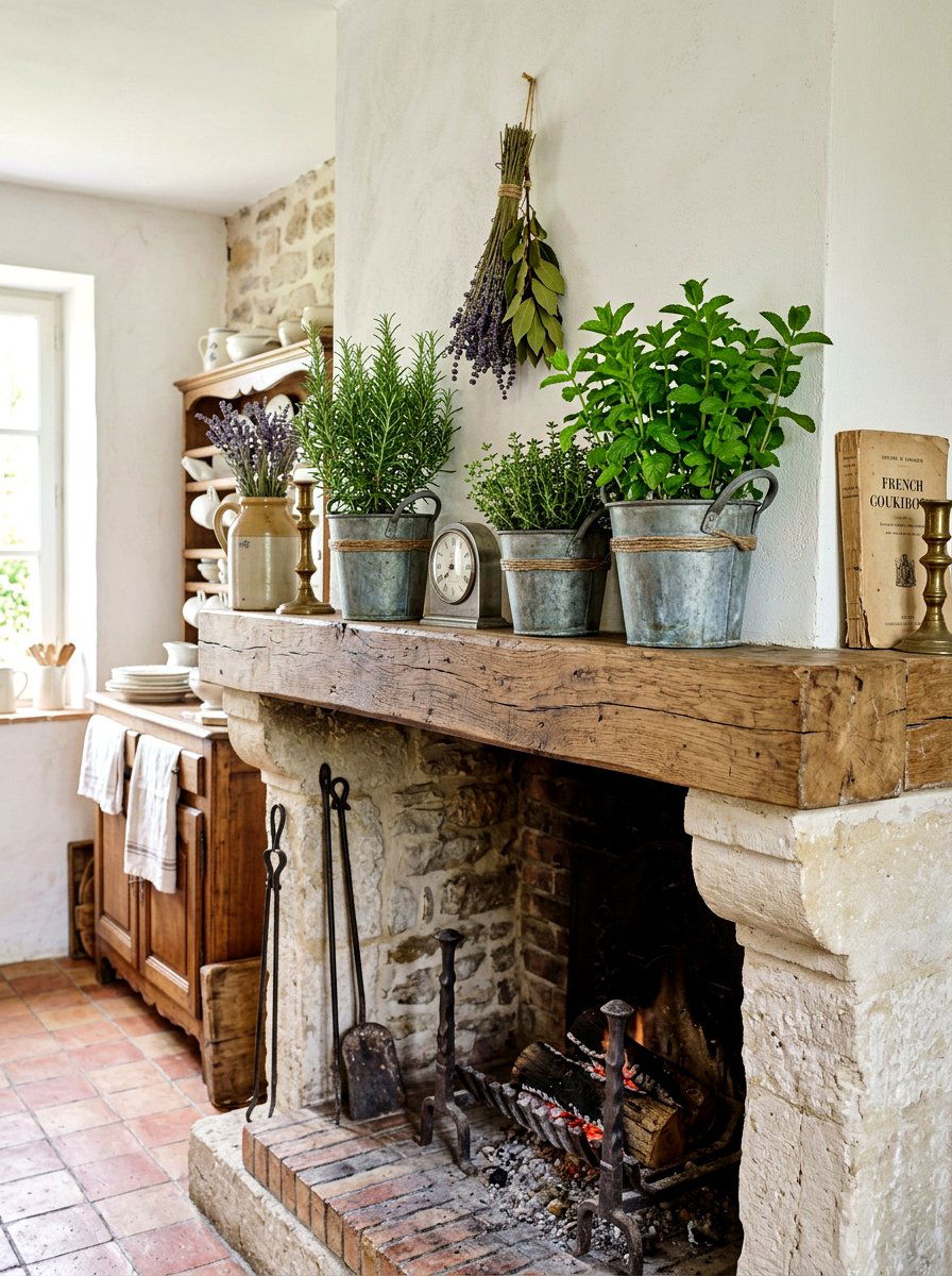 Potted Herbs On Mantel - 25 Spring Mantel Vignette Ideas