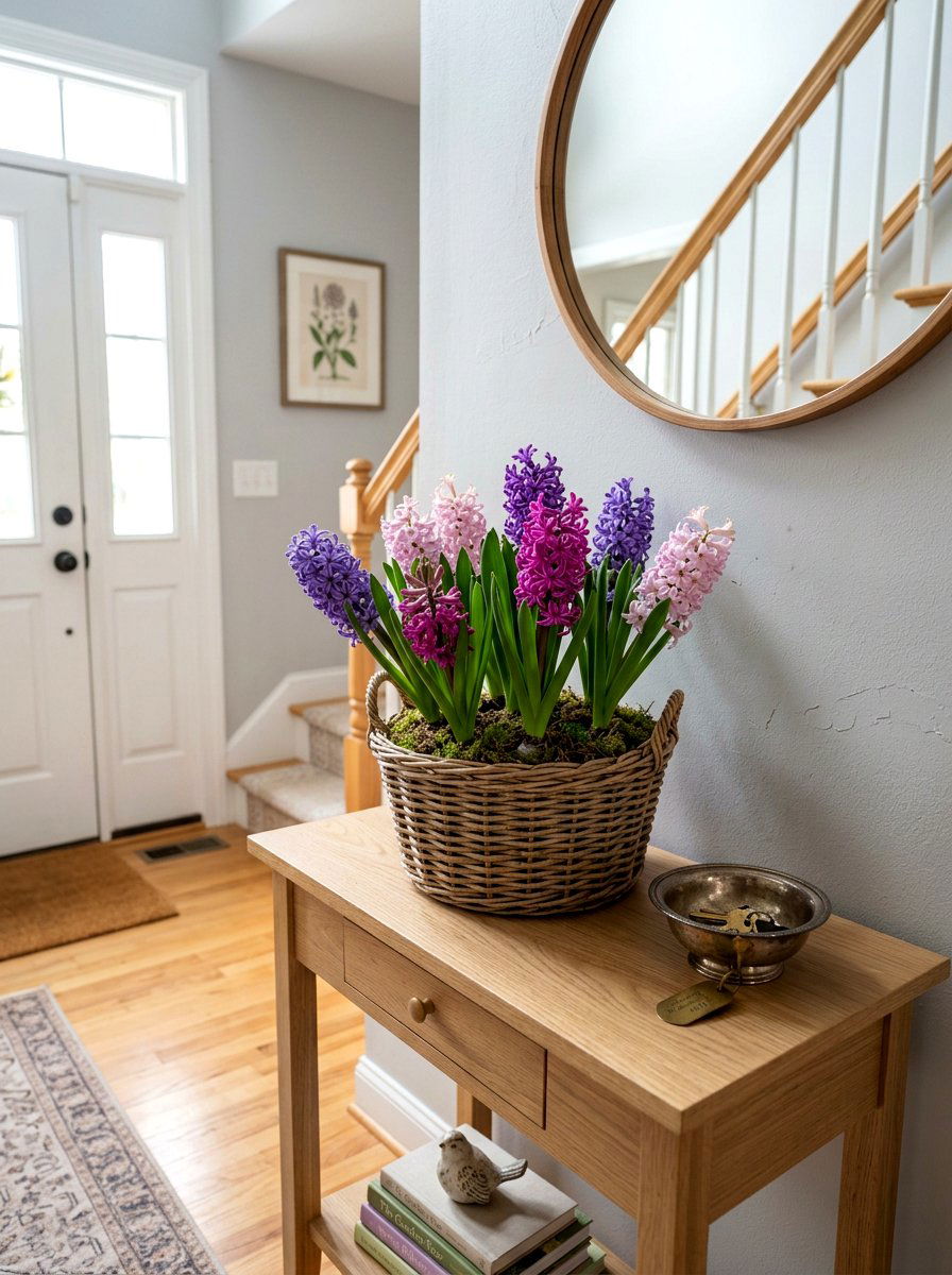 Potted Hyacinth Foyer Table - 25 Spring Entry Table Arrangement Ideas