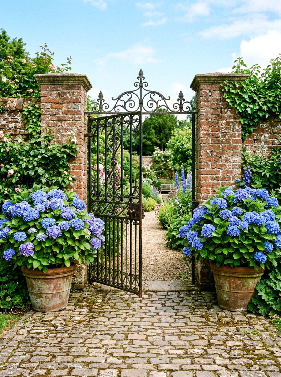 Potted Hydrangea By Gate - 25 Spring Iron Gate Decor Ideas