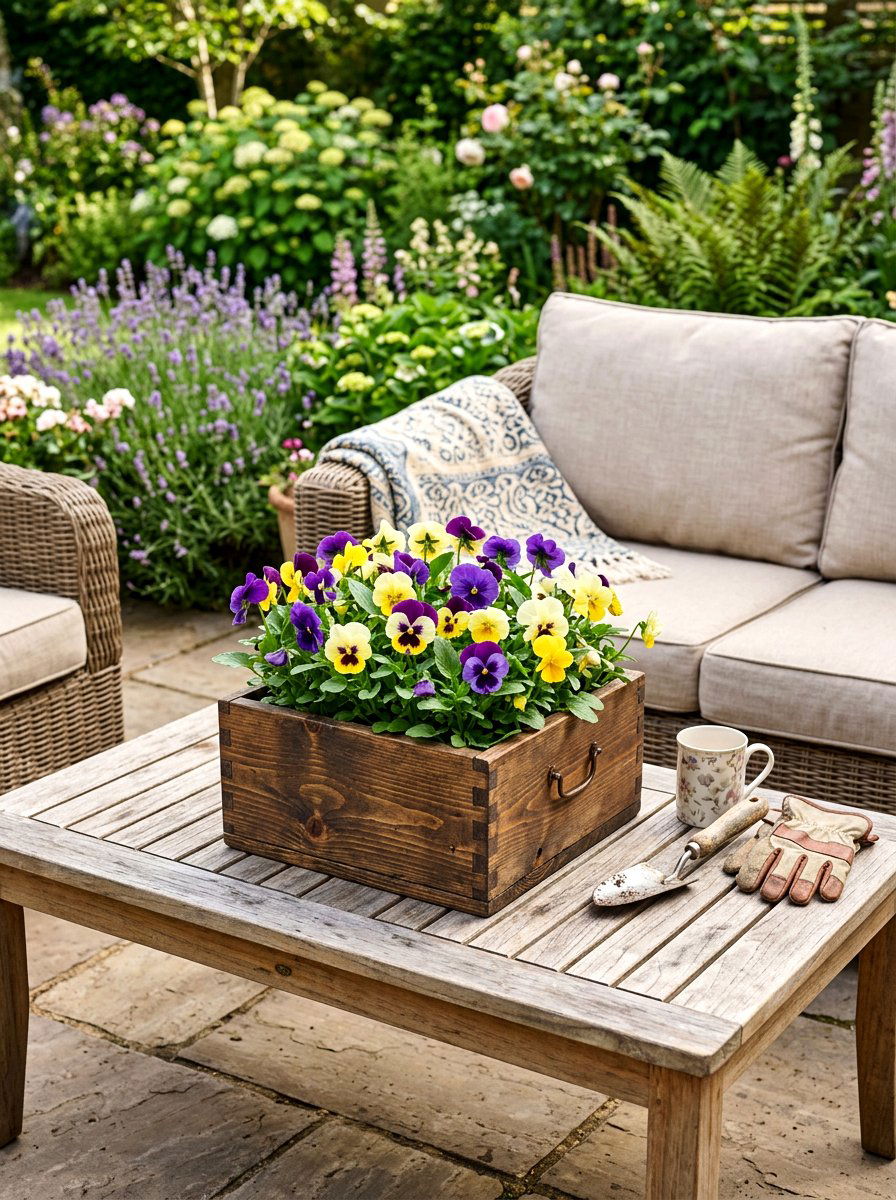 Potted Pansy Patio Box - 25 Spring Wooden Box Decor Ideas
