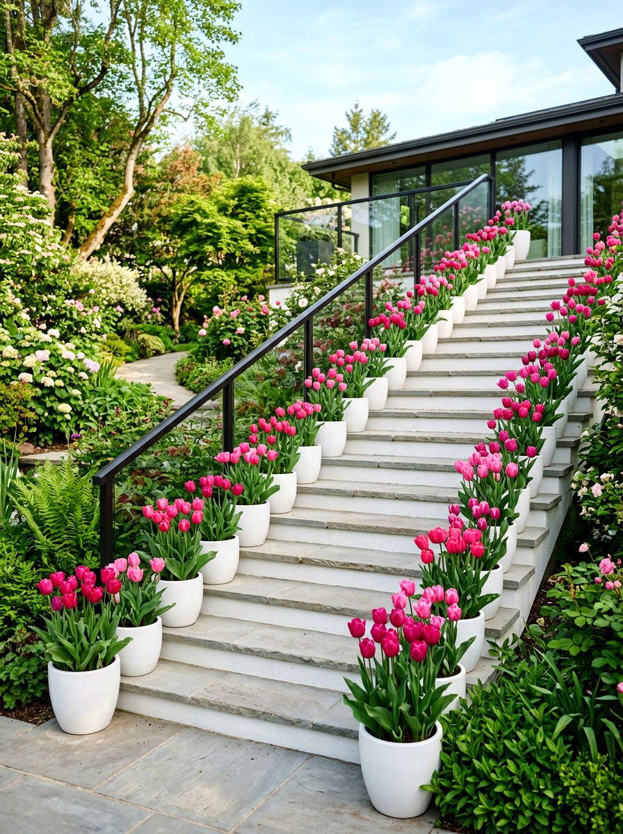 Potted Pink Tulip Stairs - 25 Spring Porch Step Decor Ideas