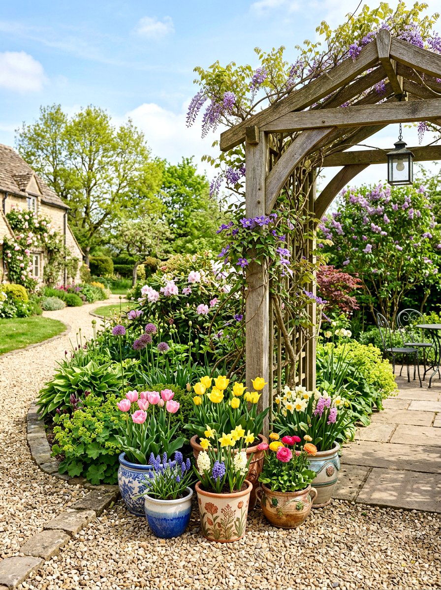 Potted Plants At Base Of Arbor - 25 Spring Garden Arbor Decor Ideas