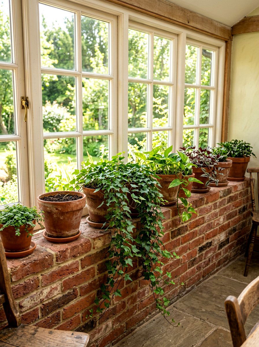 Potted Plants On Brick Ledge - 25 Spring Brick Wall Decor Ideas
