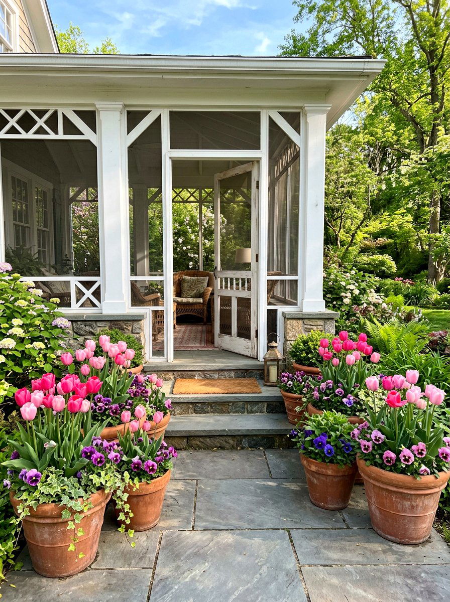 Potted Spring Flowers - 25 Spring Screened Porch Decor Ideas