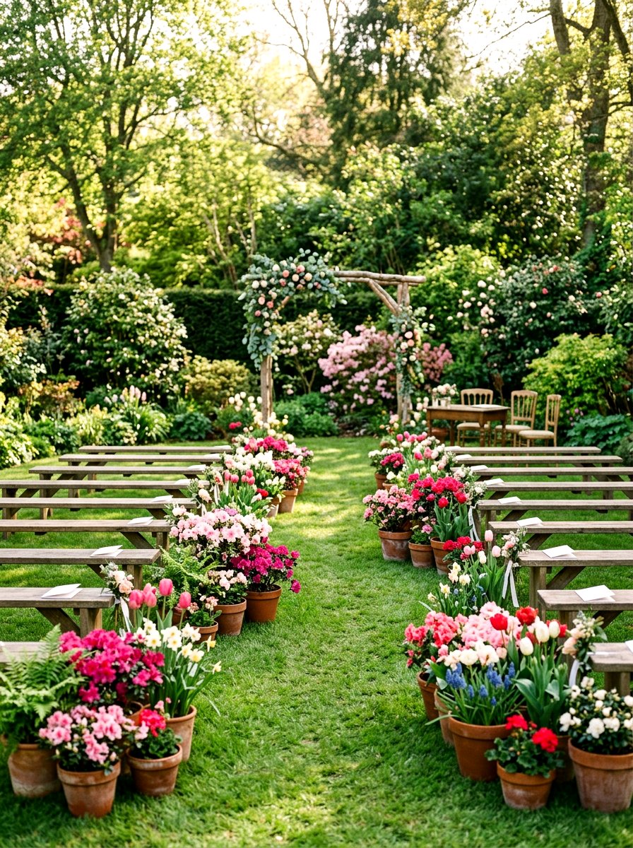 Potted Spring Plant Aisle - 25 Spring Wedding Pew Decor Ideas