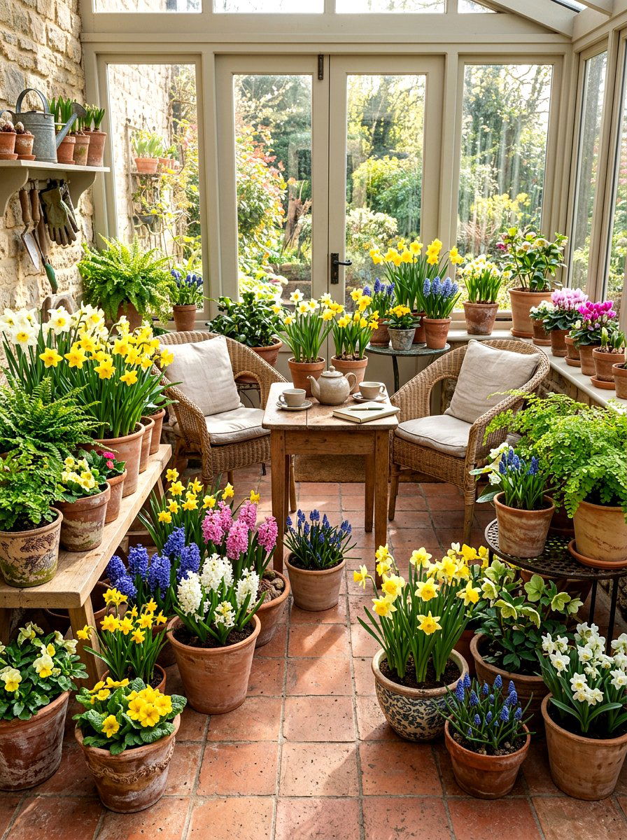 Potted Spring Plants - 25 Spring Porch Sitting Area Ideas